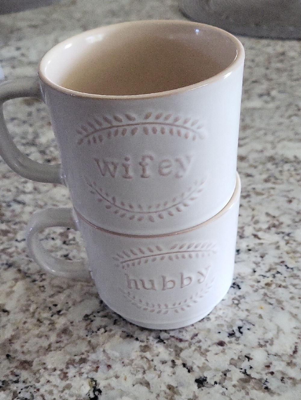 Wifey & Hubby Ceramic Mug Set - Cream and Tan Stackable